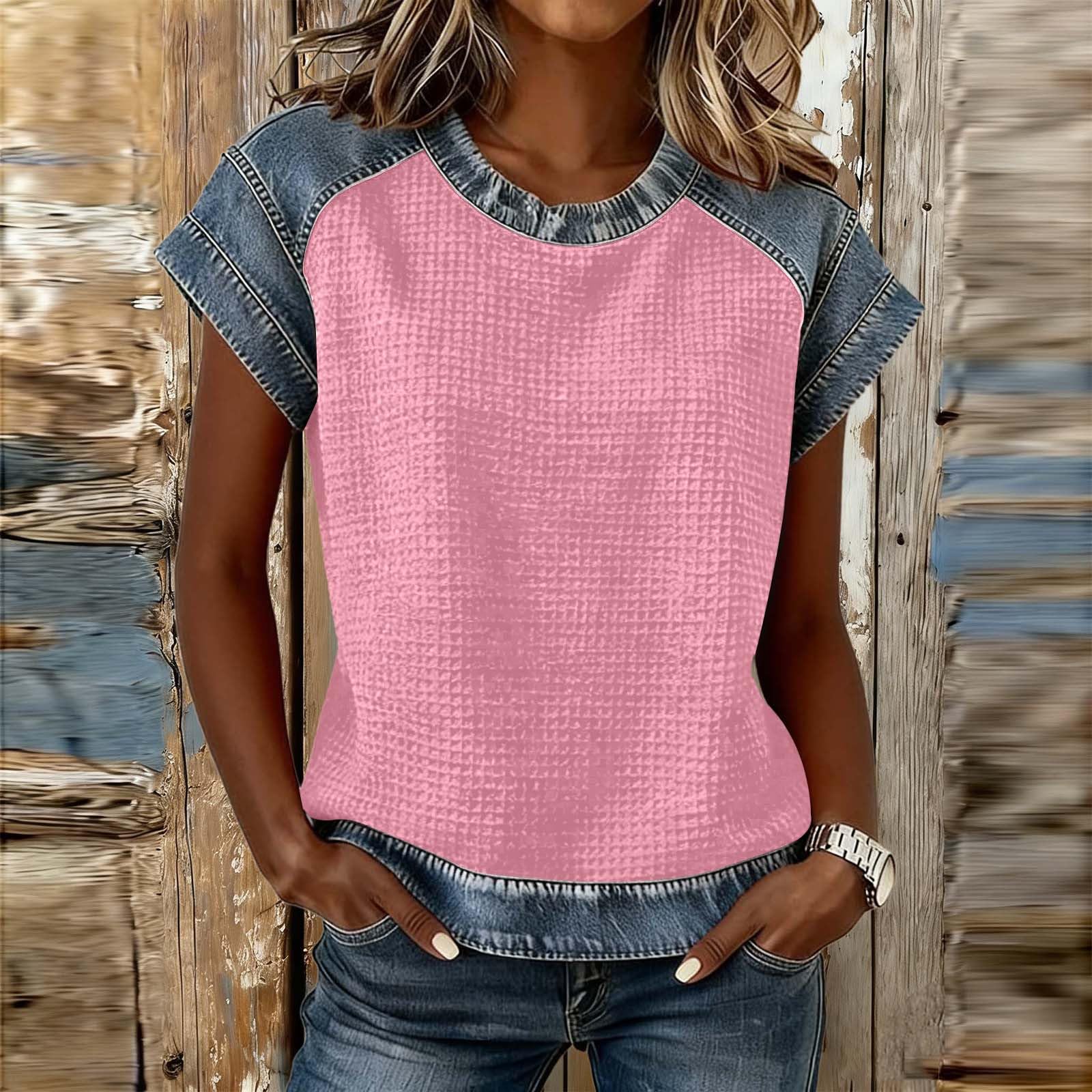 

Women s Color Blocked Casual Fashion Pullover Short Sleeved Top M розовый