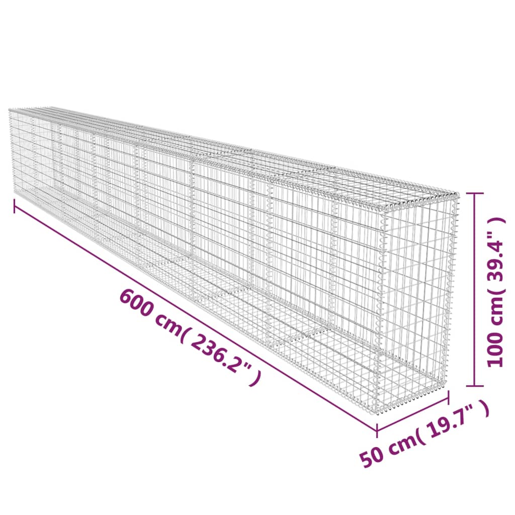 Gabion Wall with Cover Galvanized Steel 600 x 50 x 100 cm