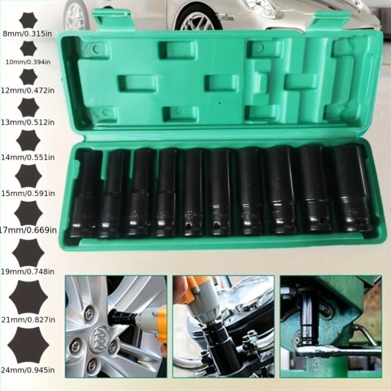 10PCS 8-24mm Deep Impact Socket Wrench Set Hex Drive Sockets with Extension Bar Case for Car Auto Repair Tool Kit