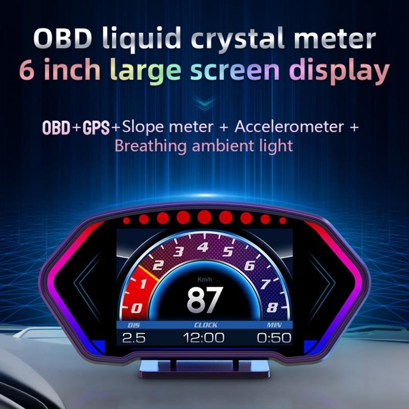 

P3 Проекционный дисплей OBD GPS Измеритель уклона 6-дюймовый ЖК-экран HUD с датчиком окружающего света Сигнализация превышения скорости Спидометр