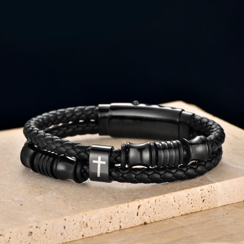 Mens Adjustable Stainless Steel Cross Pendant Braided Leather Bracelet Fashion Casual Wear