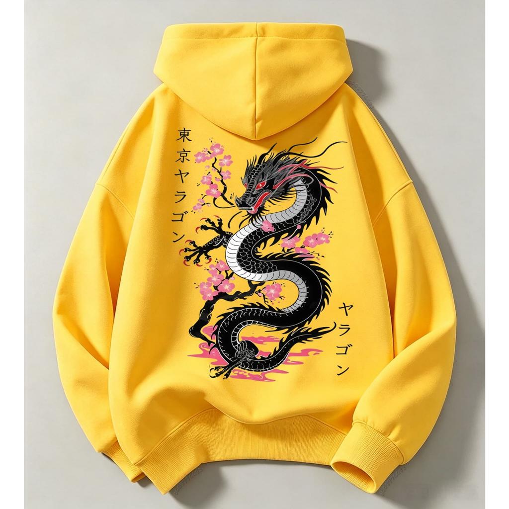Vintage Japanese Streetwear Kids Hoodie Black Dragon Sakura Cherry Blossom Print Loose Oversized Pullover For Boys Girls