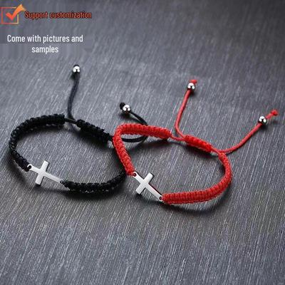 Minimalistisches mehrfarbiges handgewebtes Edelstahl-Kreuz-Paararmband