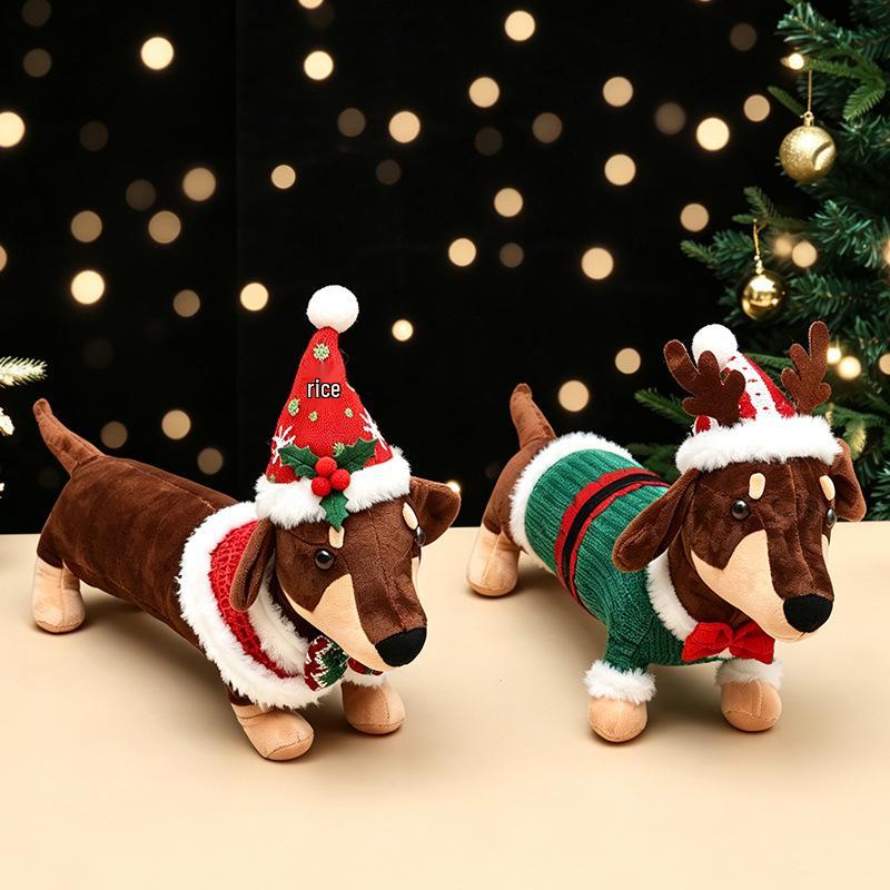 Creative Dachshund Dog Plush Christmas Figurine Ornament for Home Decoration