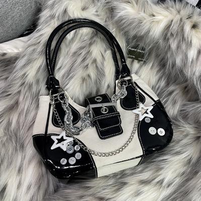 Women Bag New Fashion PU Canvas Chains Shoulder Bag Handbag  Dark Style