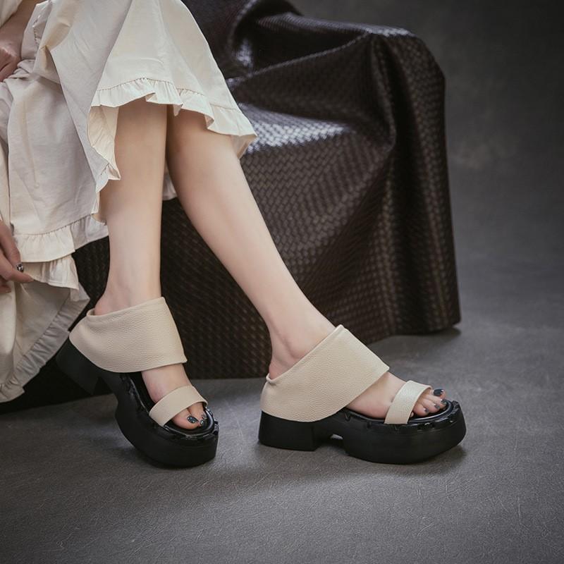 Genuine Leather Retro Thick Soled Peep Toe Sandals Versatile Coarse Heel Women's Slip-on Shoes