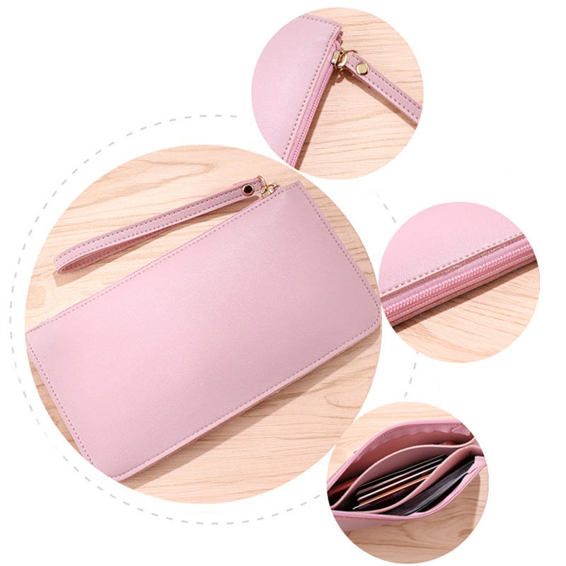 Women's Vintage Long Wallet PU Leather Zipper Soild Color Large Capacity Card Holder Clutch Purse Bag