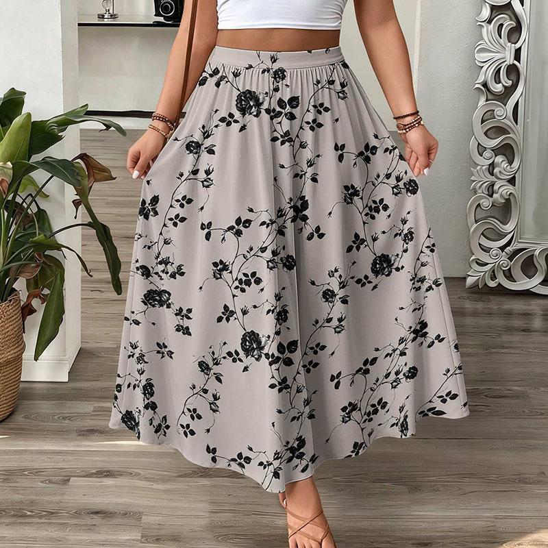 Vintage Floral Maxi Skirt Women High Waist A-Line Boho Resort Flowy Long Skirt