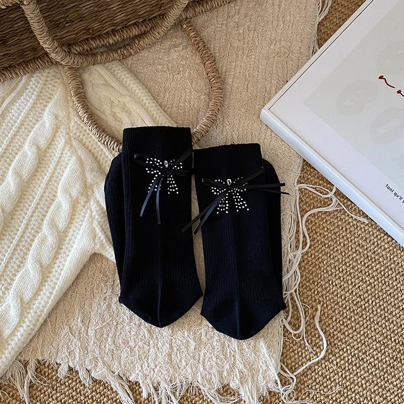 Female Spring and Autumn Sweet Solid Color Variety Pull A Heel Hot Diamond Ribbon Bow In The Tube Pile Socks