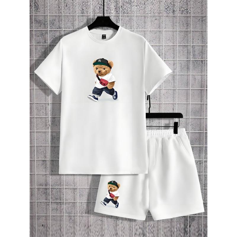 2025 New 3D Cartoon Bear Print Men's Set Summer Casual Everyday Men's Short-sleeved T-shirt Outdoor Street Fashion Beach Shorts