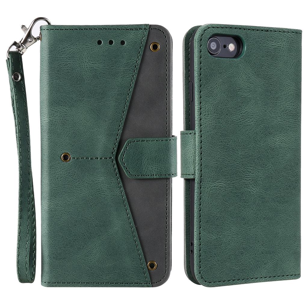 For iPhone 16e Leather Case Splicing Stitching Wallet Phone Cover with Wrist Strap