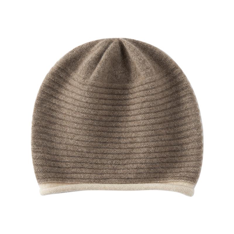 Women's 100% Pure Cashmere Ribbed Hat - Autumn/Winter Fashion, Warm, Cold-Proof, Color Block Design.