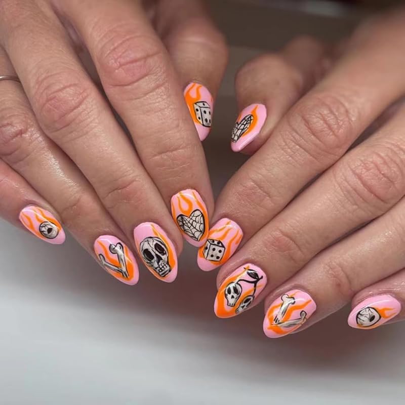 24 Pcs Halloween Press On Nails Short CEWEWP Square Cartoon Fake Nails Mummy Patch Press Ons Nail Tips Orange French Glue On Nails with Terror