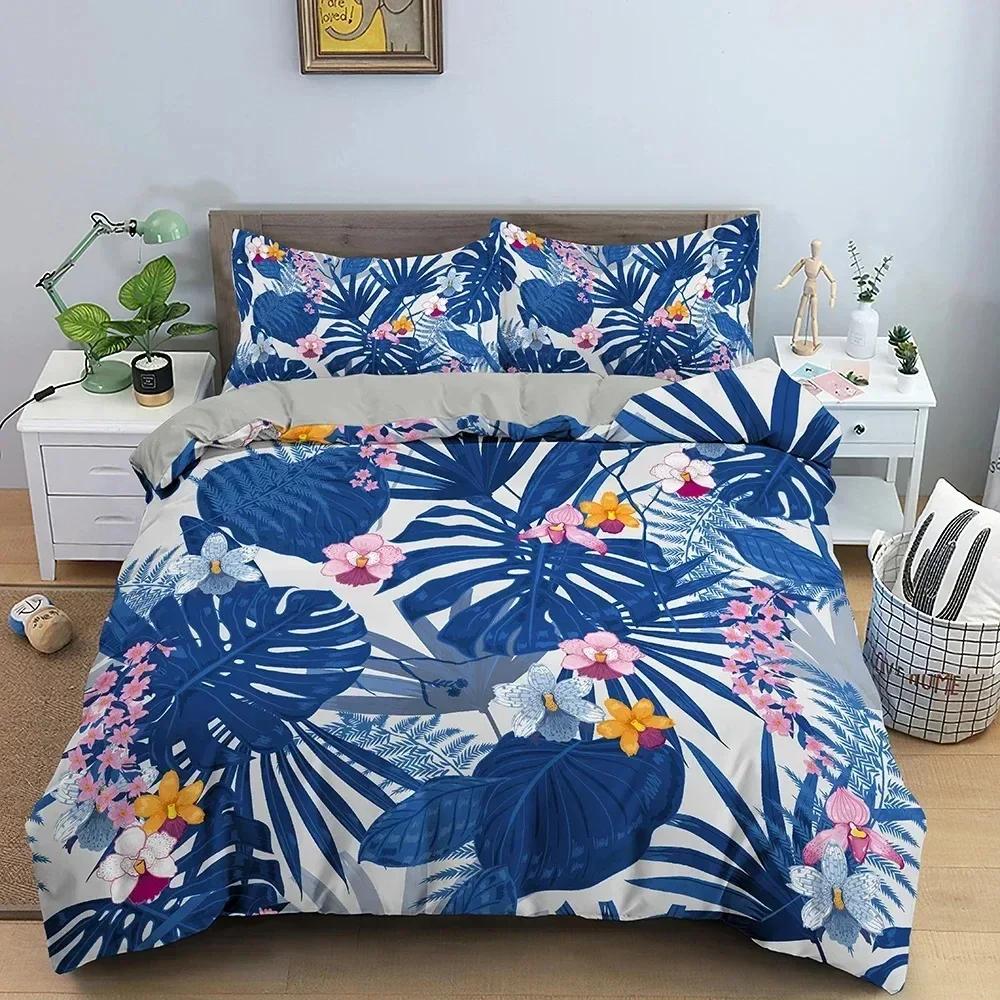 Tropical Plant Bedding Set Green Leaves Duvet Cover With Zipper Closure Comforter Cover Queen King Full Polyester Quilt Cover