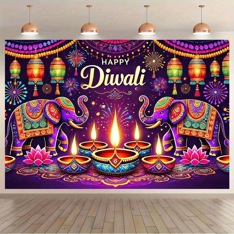 Background Flag 1 Piece Colorful Divali Celebration Scene with Elephant and Lantern Background Cloth