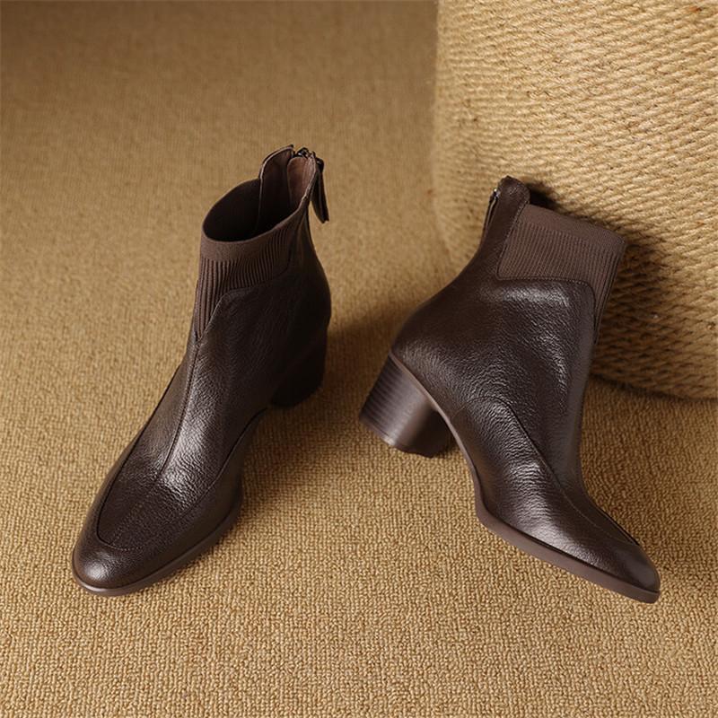 Fashion New Autumn Genuine Leather Women Boots Fashion Round Toe Boots for Women Short Boots Botines Mujer Chunky Heels Black Brown