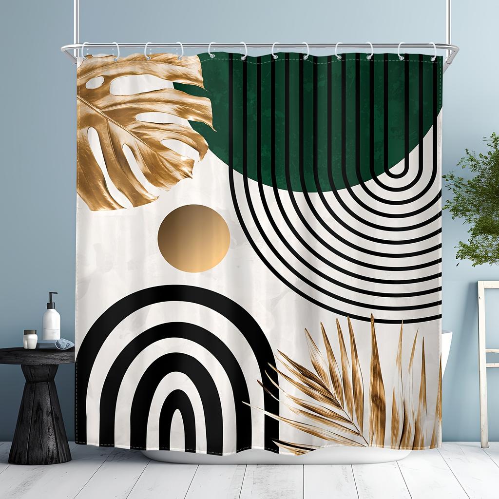 Elegantes modernes Design mit goldenen Blättern und geometrischen Mustern Wasserdichter Duschvorhang – Perfekt für Stilvolle