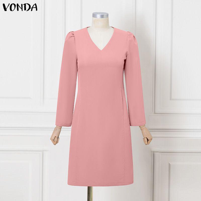 VONDA Elegant Women Casual V Neck Long Sleeve Midi Long Office Dress