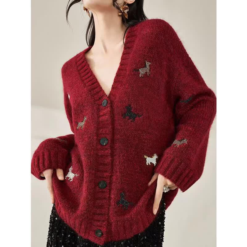 Women s V-Neck Wool Blend Sequined Knit Sweater M красный