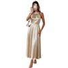 Women Champagne Solid Satin Beaded Halter Neck High Waist A Line Midi Dress