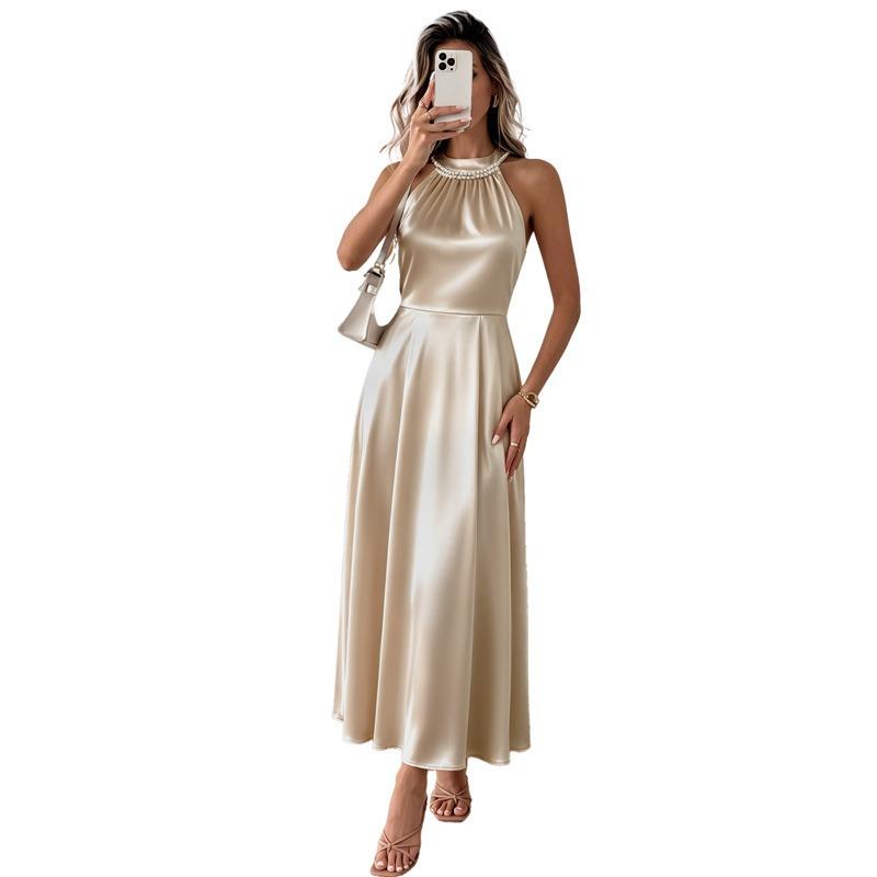 Women Champagne Solid Satin Beaded Halter Neck High Waist A Line Midi Dress