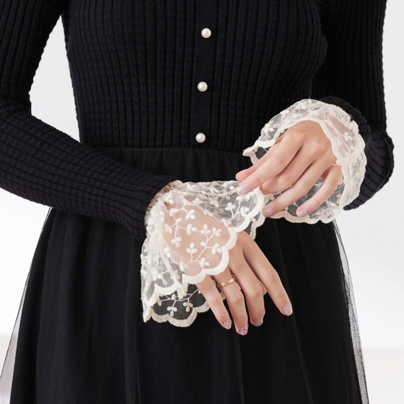 White Mesh Bow Romantic Lace Ruffle Hand Sleeves Sweet Detachable Sweater Blouse Coat Decoration Fake Cuffs Elastic Horn Cuff