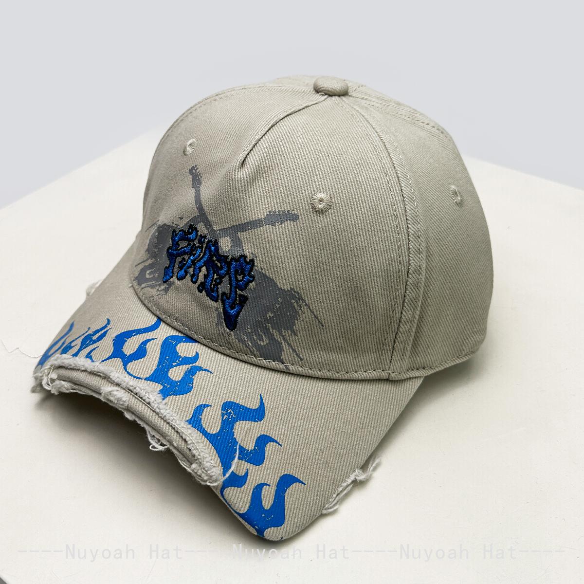 

New Men Women Niche Street Embroidered Letters Flame Flag Baseball Hats Sunshade Broken Eave Versatile Peaked Caps Fashion Retro 52-60cm