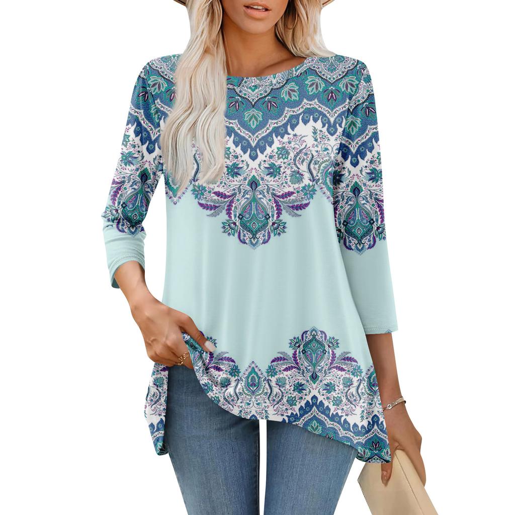 Tunic Tops For Women Loose Fit Prints Tops 3/4 Length Sleeve Womens Tops With Asymmetrical Hem