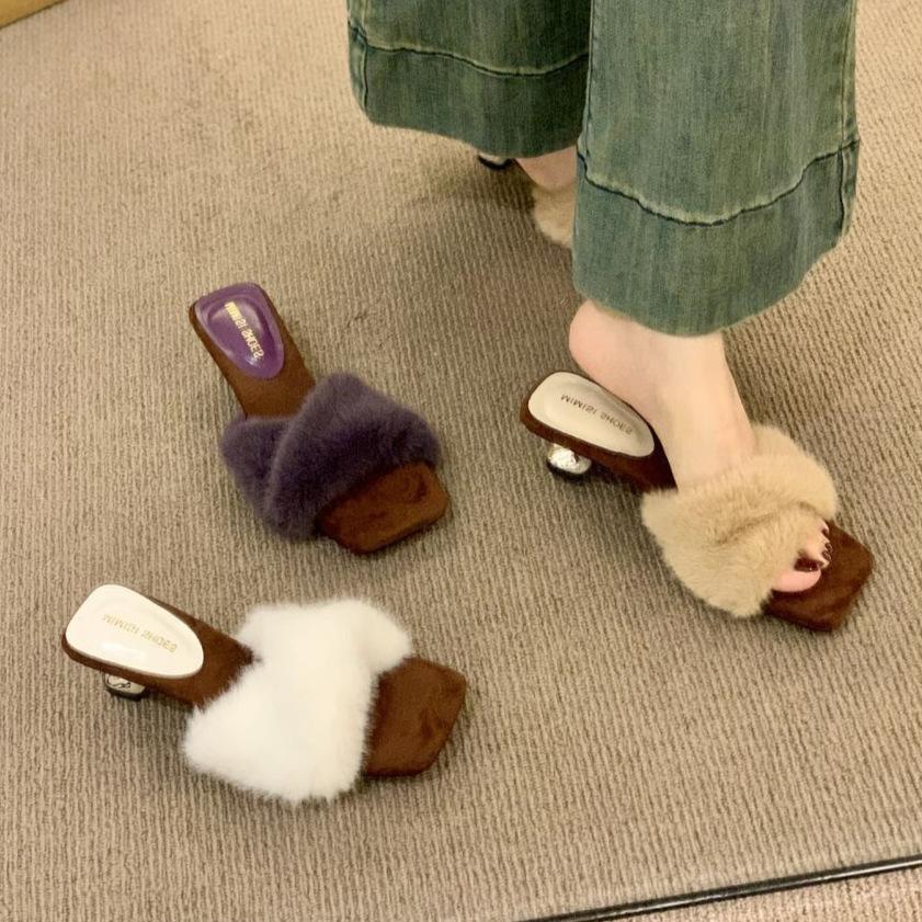 High Heels French Temperament Purple Fluffy Shoes Women's Shoes Wear 2025 New Autumn One-word Plush Cotton Slippers