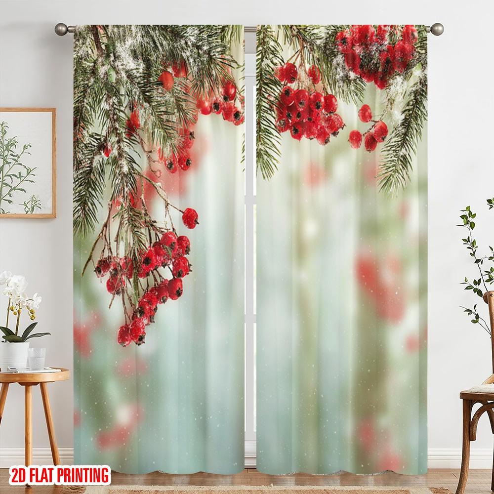 2 Stück, 2D-Flachdruckmuster Vorhänge Immergrüne Tannenzweige Rote Reife Stechpalmenbeeren 100% Polyester (ohne Stange) Urlaubsnutzung