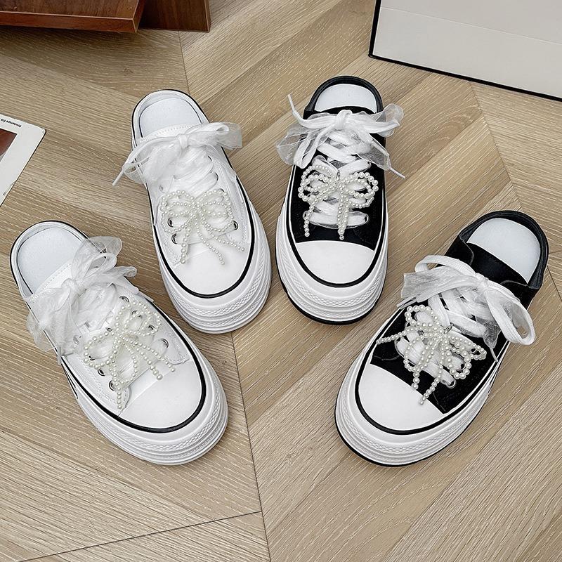 Women Slippers Fashion Thick-soled Canvas Shoes Summer Baotou Half Slipper Pearl Decoration Casual Shoes for Women Canvas Slides