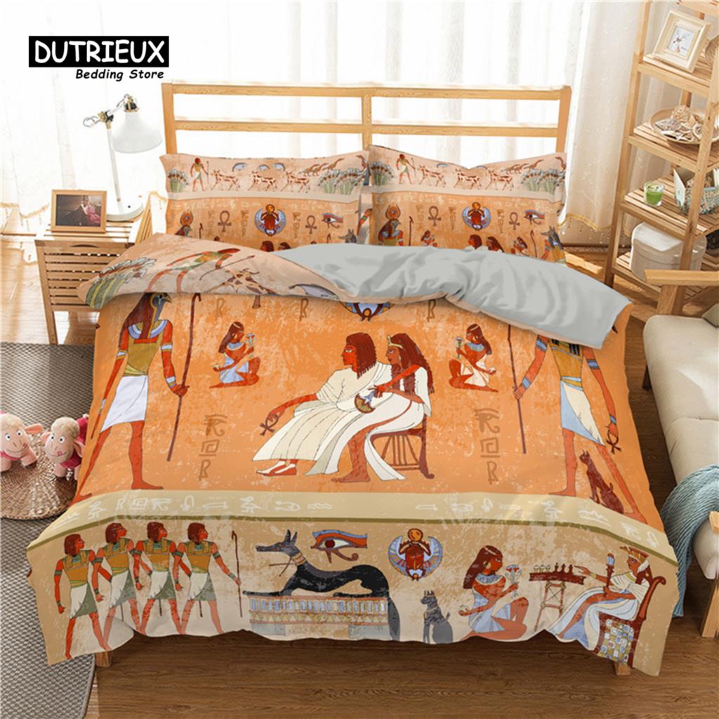 

Комплект постельного белья в египетском стиле Экзотический племенной ретро-стиль Персонажи Древнего Египта Цивилизация Пододеяльник Бохо Животные Цветочные наволочки EU single(135x200cm)