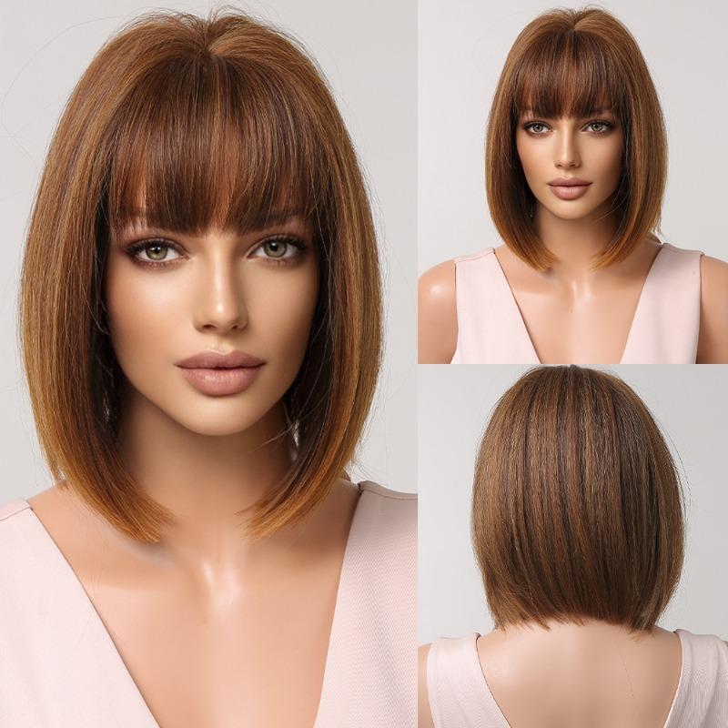 

Short Straight Bob Hair Synthetic Wigs for Women Brown Straight Natural Wigs коричневий