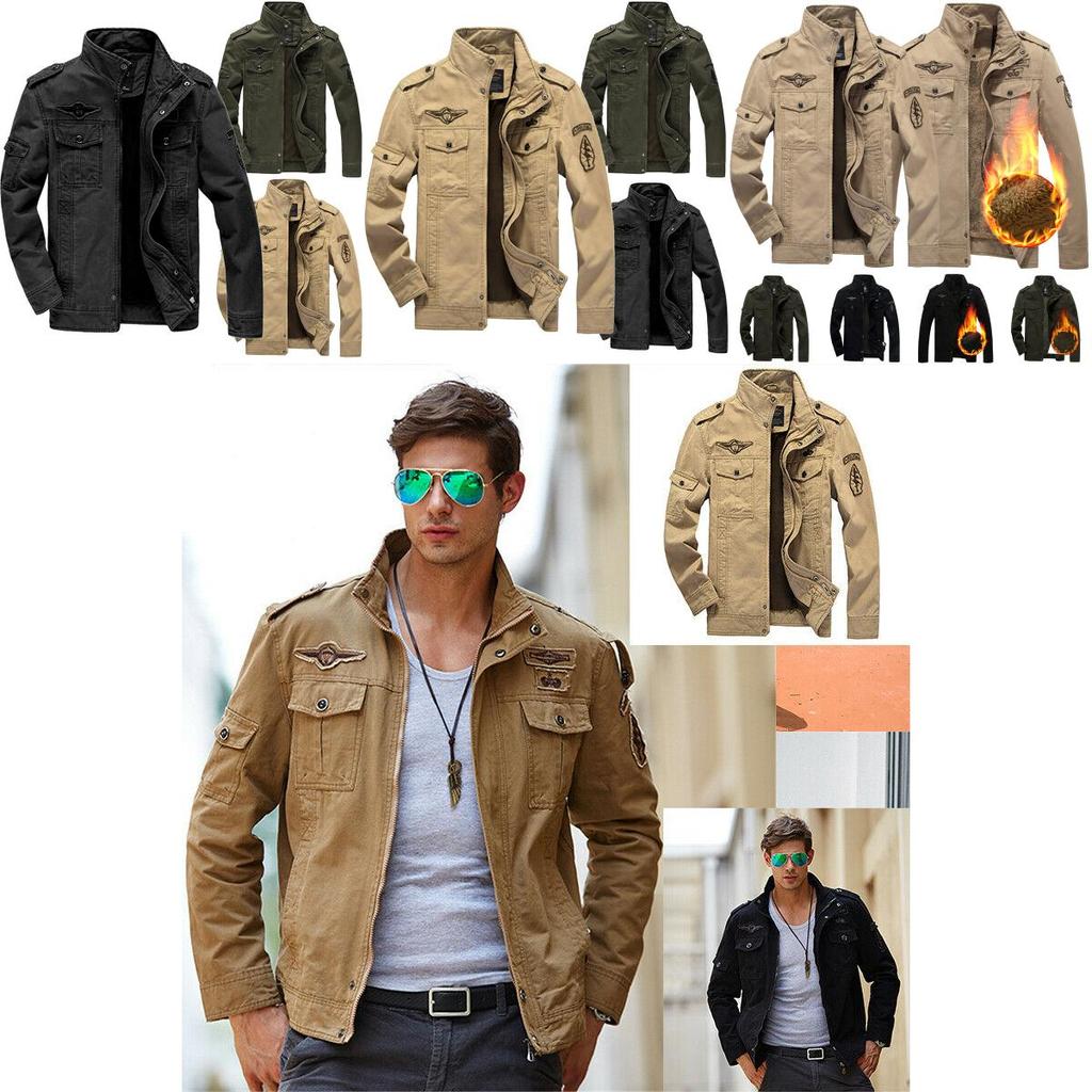 Men's Autumn Winter Thicken Military Jacket With Warm Lined Interior And Stand Collar