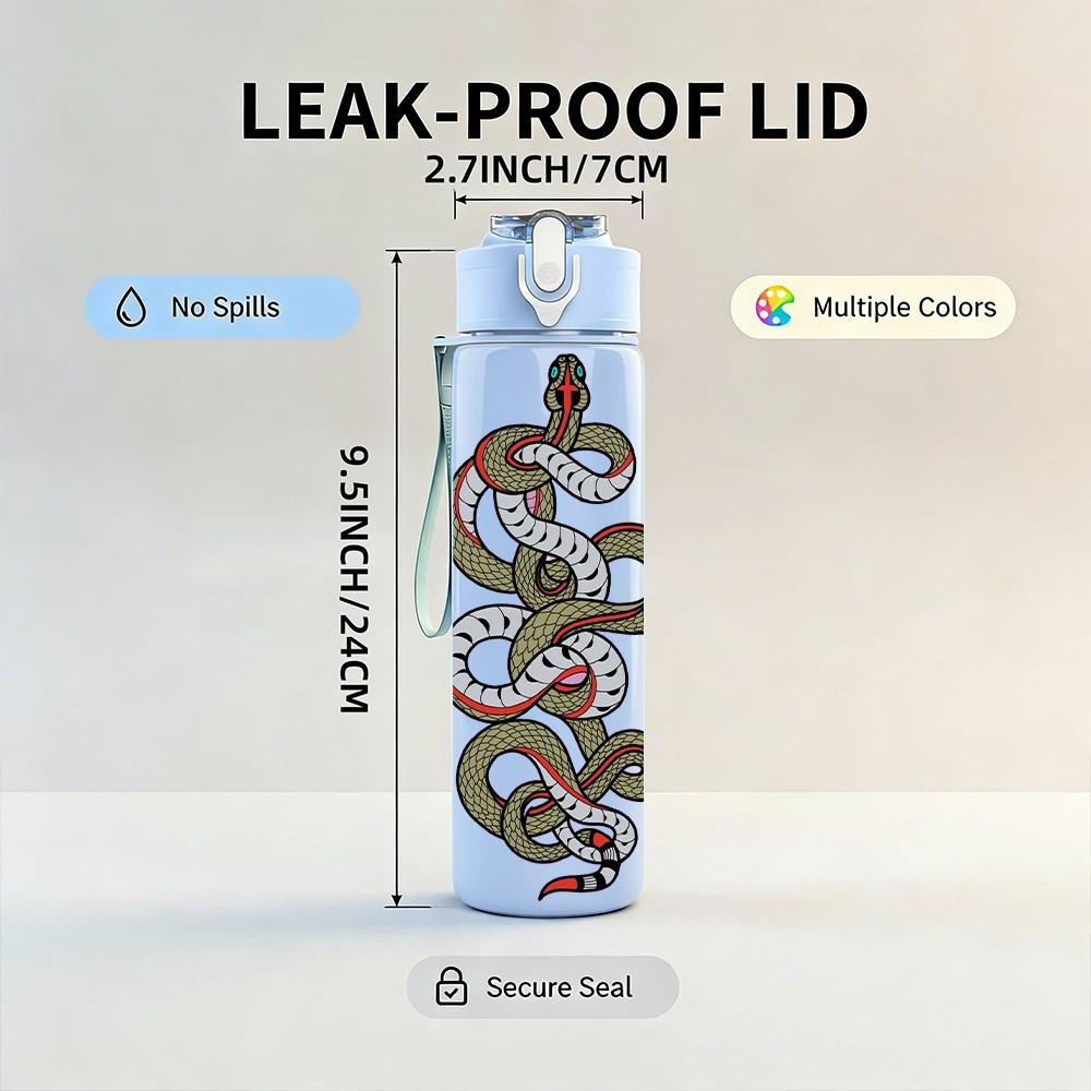 1PC Coiled Snake Reptile Pattern 750ml Color Plastic Sports Water Bottle Leakproof Flip Straw Lid Suitable for Sports Office Home Use
