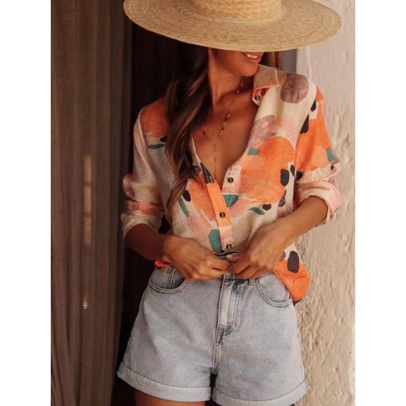 Temperamentna Casualowa Letnia Koszula z Długim Rękawem z Nadrukowanym Kołnierzykiem Koszula Damska na Casualowe Wakacje