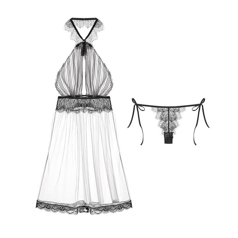 Halter Neck Sexy Babydoll Loose Fit Lingerie Lace Nightwear Shorts Set Sheer Embroidered Camisole High Visibility [AQURAD] S-XL Women's (Black)