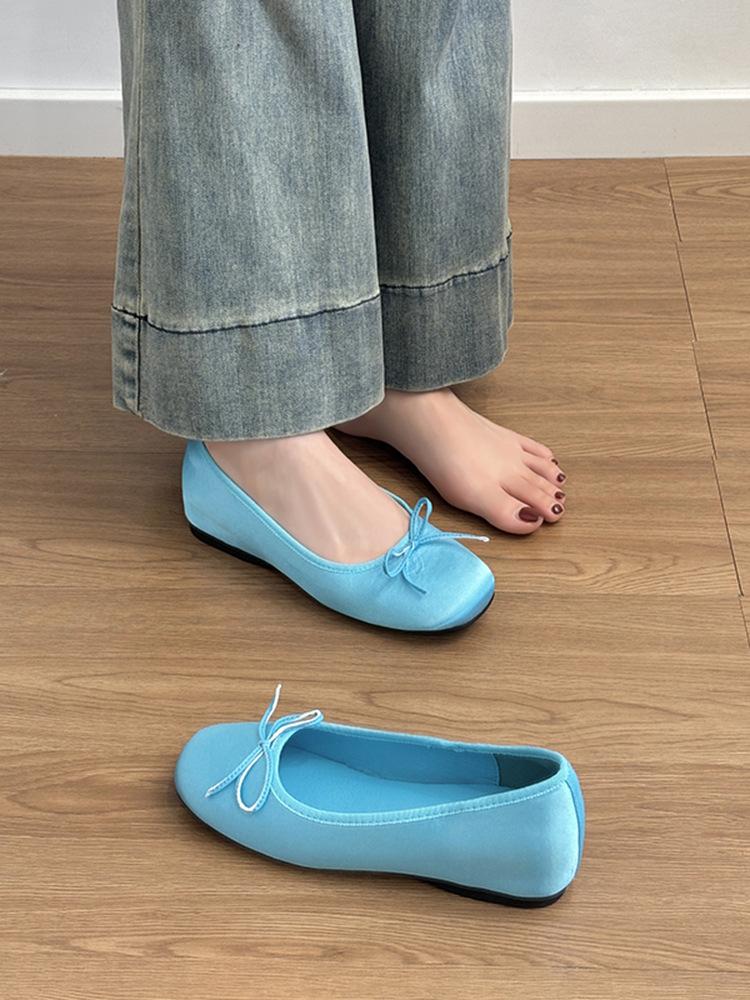 

Sheepskin model~ genuine leather French gentle blue bow light mouth ballet shoes women s shoes inner height increase single shoes evening shoes 39