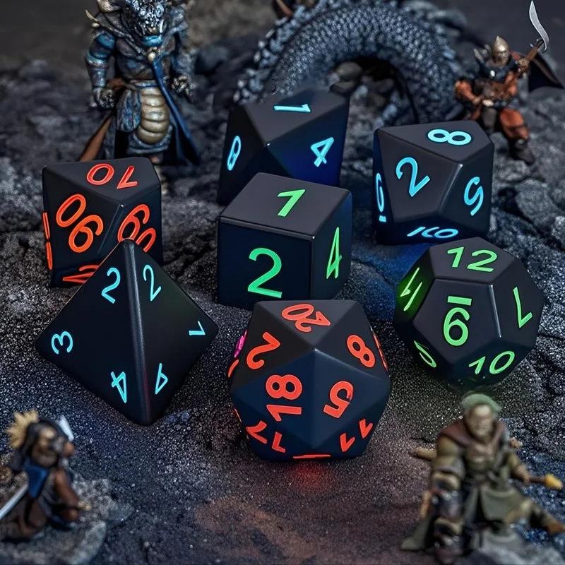 USB Rechargeable 7PCS Light Up Polyhedral Dice Set with Pouch Glowing LED DND RPG Table Game Dice for Gamer Gift