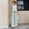 Women's Sleeveless Checkered Top with Ruffle Hem and Wide Leg Pants 2 Piece Set
