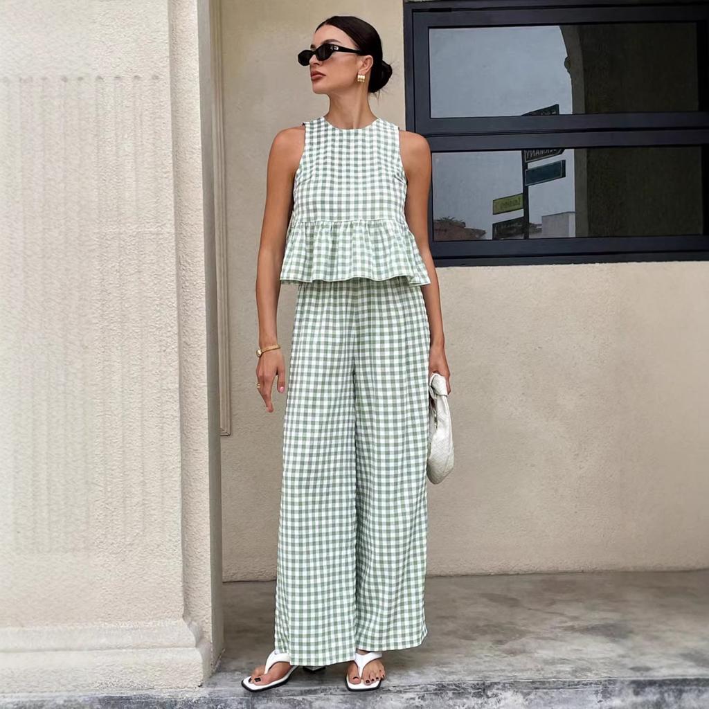Women's Sleeveless Checkered Top with Ruffle Hem and Wide Leg Pants 2 Piece Set