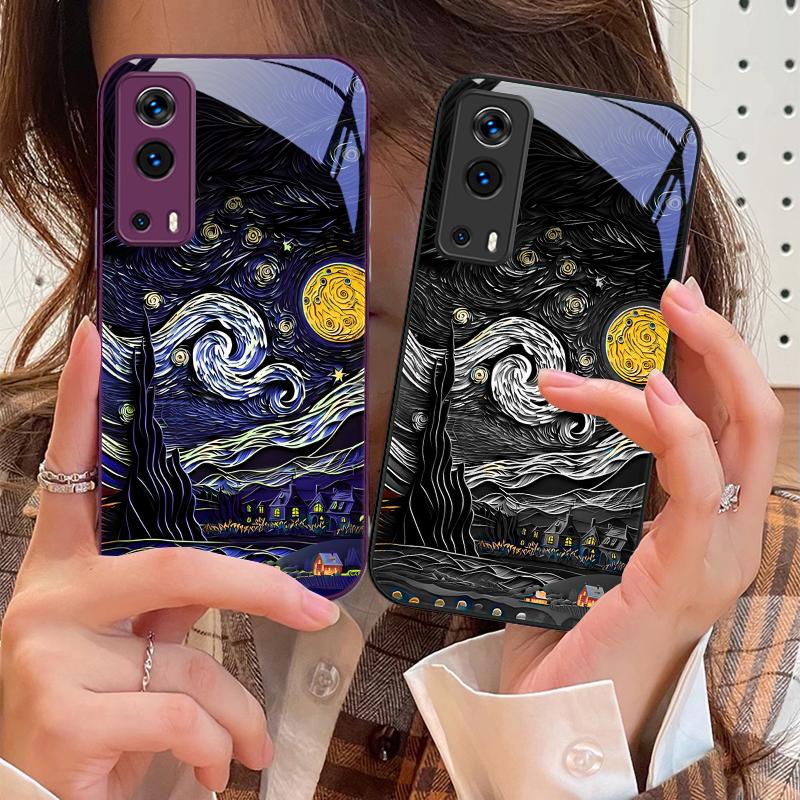 Oil Painting Starry Sky For Vivo Y76 16 55 V29 Lite 5G 25 23 30 iQOO Z9X 12 Pro Neo X200 100 90 60 Tempered Glass Phone Case