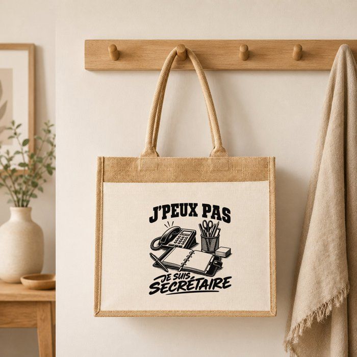 Sac Cabas Jute avec Poche J’peux pas je suis Secrétaire J'peux pas minimaliste | Toile de Jute et Coton 21 L Fond Plat Anses 65 cm