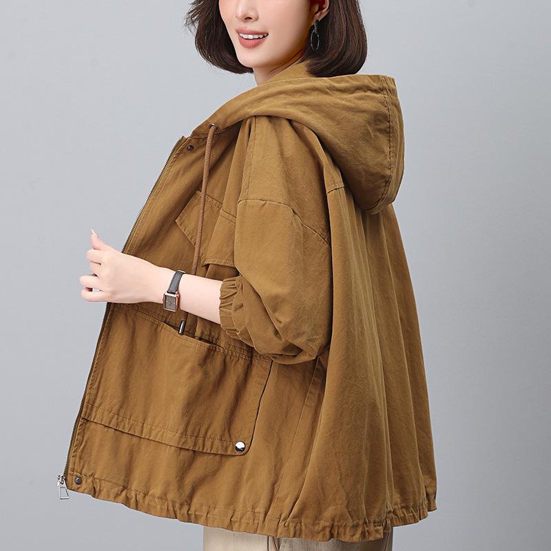 2024 Plus Size Hooded Trench Coat for Women - Loose Fit Spring & Autumn Workwear Jacket