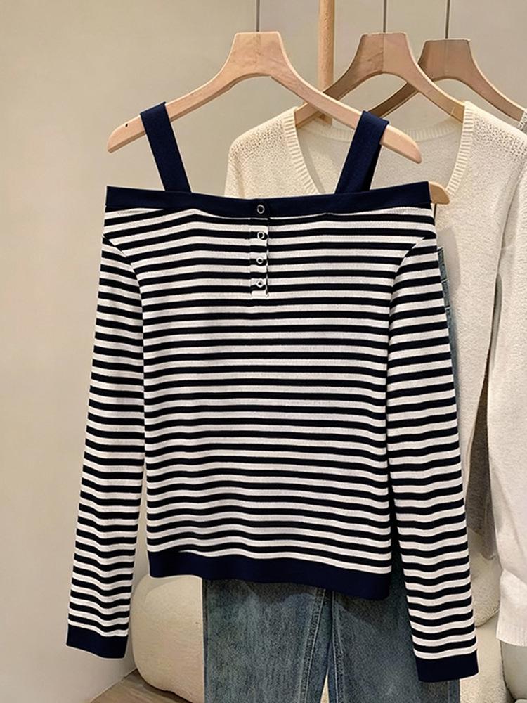 Striped Off-Shoulder Camisole Long-Sleeve T-Shirt for Women - Slim Fit Autumn Layered Top