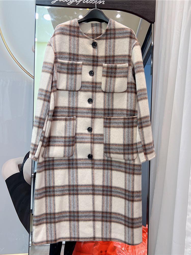2023 Women's Retro Plaid Double-Sided Cashmere Wool Coat, Mid-Length Loose Fit for Autumn/Winter