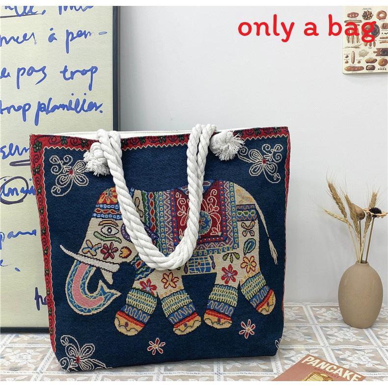 Ethnic Style Elephant Embroidered Canvas Shoulder Bag With Cotton Rope Strap For Casual Travel