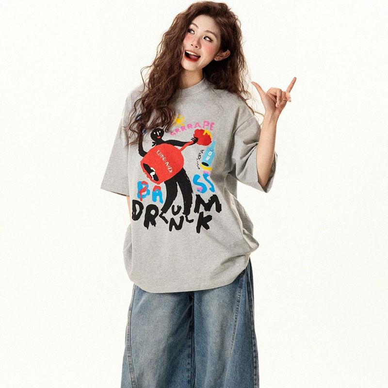 Summer Cotton Short Sleeve T Shirts Female O Neck Loose Cartoon Print Tee Tops Women Korean Loose Casual Short Sleeve 2025