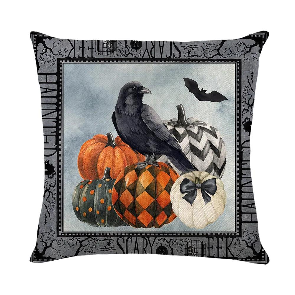 Happy Halloween Home Sofa Decoration Pillows Cushion Cover 18x18 Inches Linen Pillow Cover Halloween Pillowcase Festive Supplies
