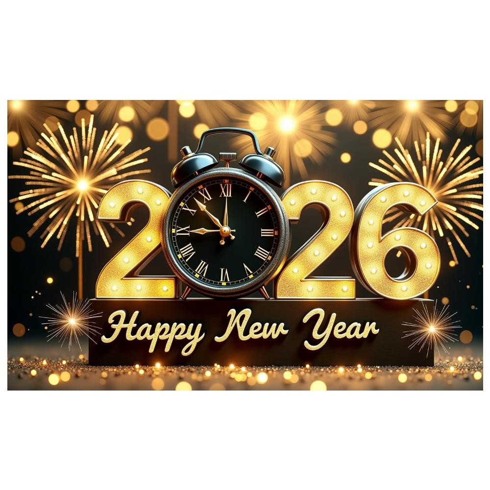 2026 Neujahrsbanner 2026 Design Uhr Dekor Banner Goldene Lichter Banner Beleuchtetes Design Für Feiertagsfeier 2026 Feier